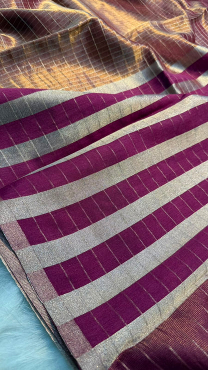 Pure Banarasi Checks Tissue Silk Munga Pallu Lace Border Saree