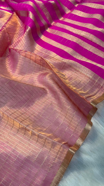 Pure Banarasi Checks Tissue Silk Munga Pallu Lace Border Saree