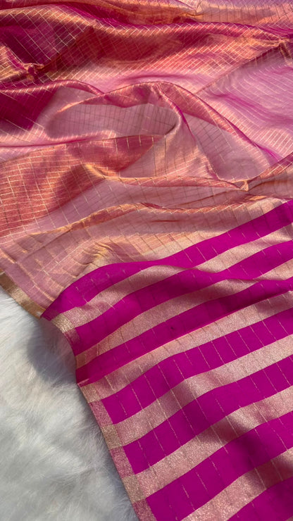 Pure Banarasi Checks Tissue Silk Munga Pallu Lace Border Saree