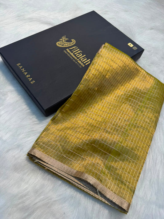 Pure Banarasi Checks Tissue Silk Munga Pallu Lace Border Saree