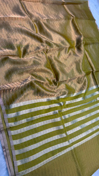 Pure Banarasi Checks Tissue Silk Munga Pallu Lace Border Saree