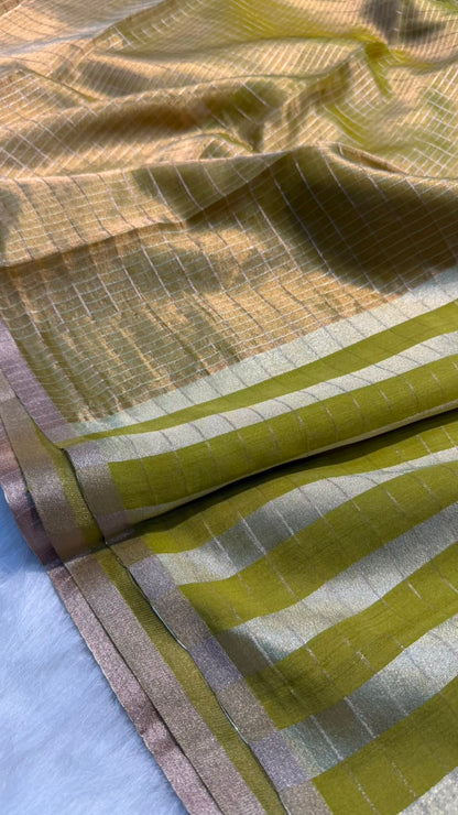 Pure Banarasi Checks Tissue Silk Munga Pallu Lace Border Saree