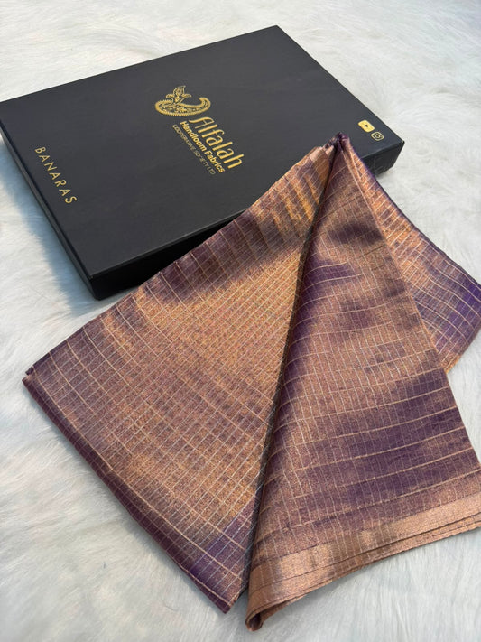 Pure Banarasi Checks Tissue Silk Munga Pallu Lace Border Saree