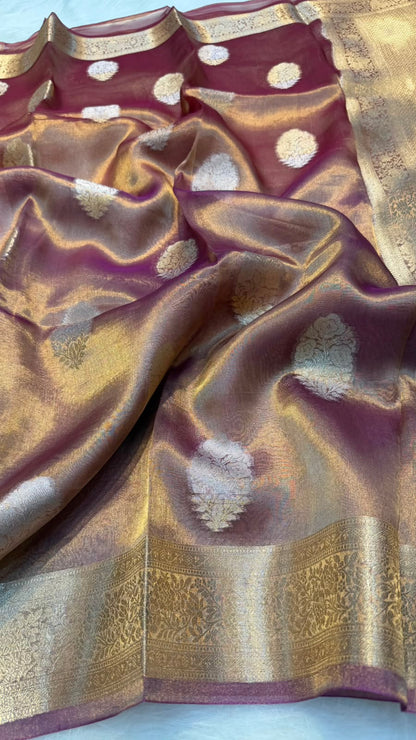 Pure Banarasi Tissue Silk Gold/Silver Zari Buta Shaded Saree