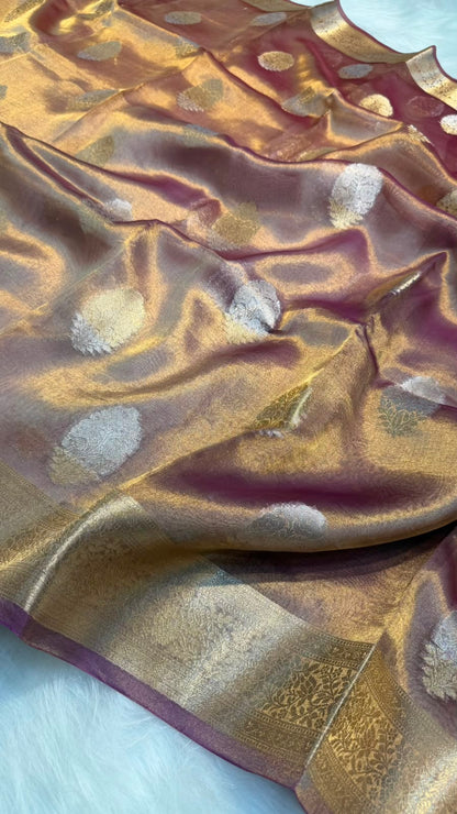 Pure Banarasi Tissue Silk Gold/Silver Zari Buta Shaded Saree