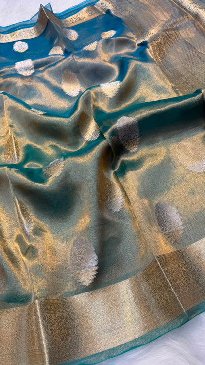 Pure Banarasi Tissue Silk Gold/Silver Zari Buta Shaded Saree