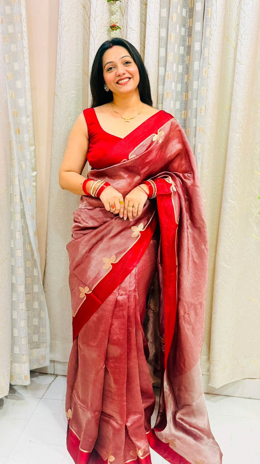 Handloom Pure Tissue Silk Saree with a Flower Mashru Border