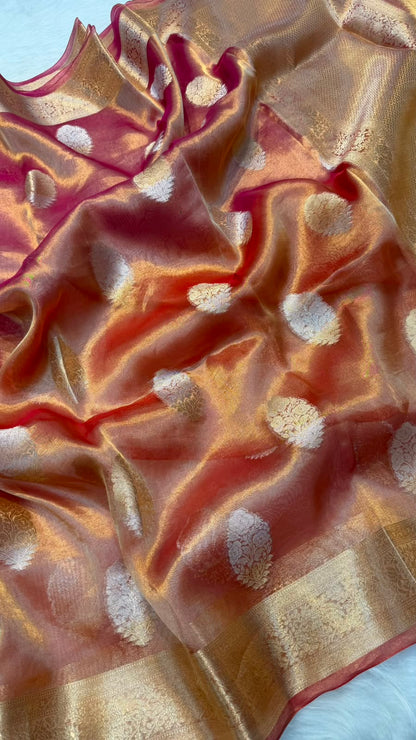 Pure Banarasi Tissue Silk Gold/Silver Zari Buta Shaded Saree