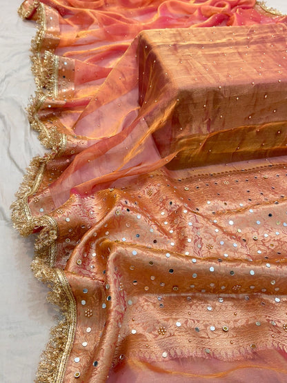 Pure Tissue Silk Mirror Work Designer Gota Patti Saree