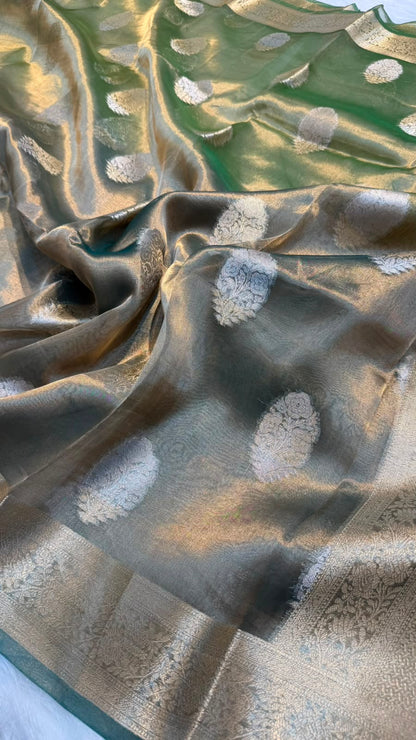 Pure Banarasi Tissue Silk Gold/Silver Zari Buta Shaded Saree