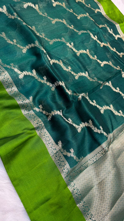Handloom Banarasi Pure Tussar Silk Aada Design Mashru Border Saree