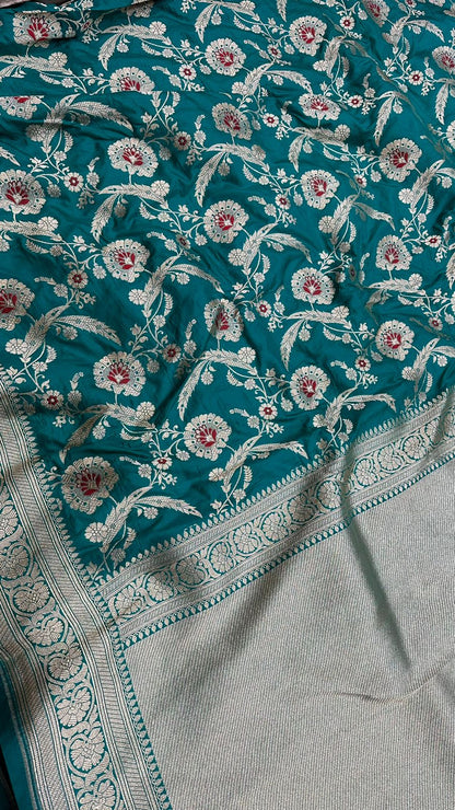 Handloom Pure Banarasi saree Katan Silk meenedar work...Firozi color