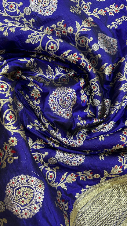 Handloom Pure Katan Silk Jangla design saree...Royal blue color