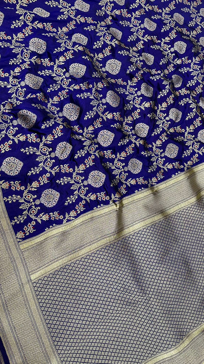 Handloom Pure Katan Silk Jangla design saree...Royal blue color