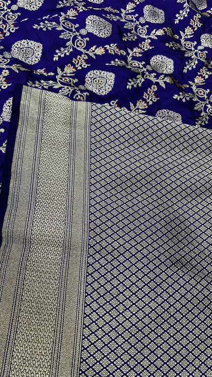 Handloom Pure Katan Silk Jangla design saree...Royal blue color