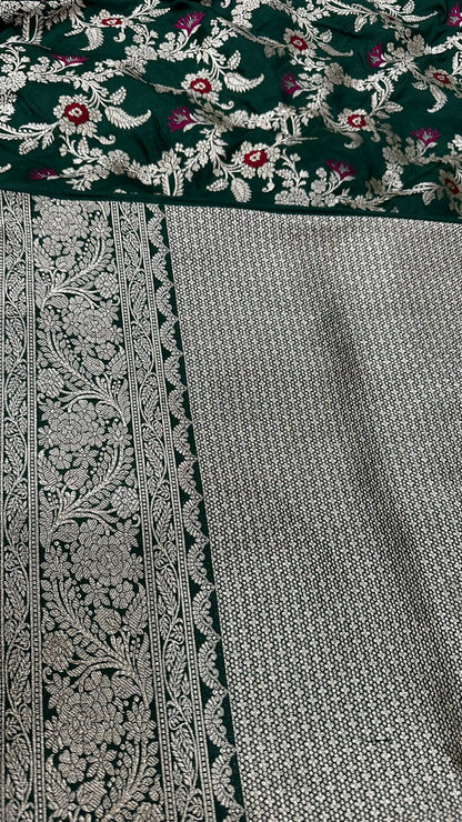 Handloom Pure Banarasi saree Katan Silk meenedar work...Bottle green color