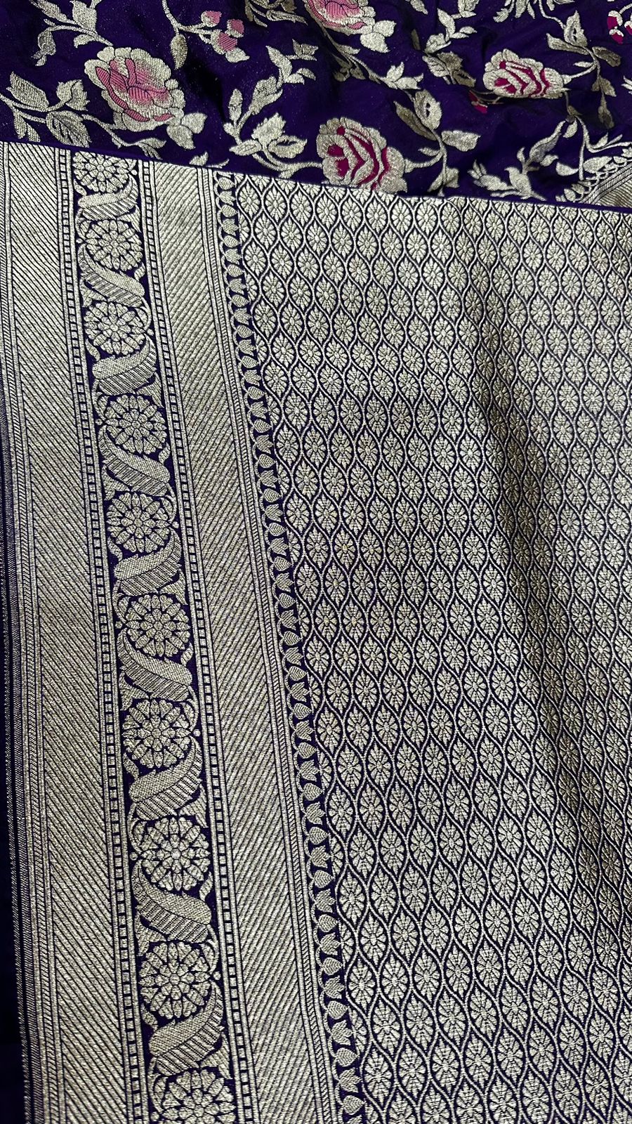 Handloom Pure Katan Silk Jangla design saree...Navy blue color