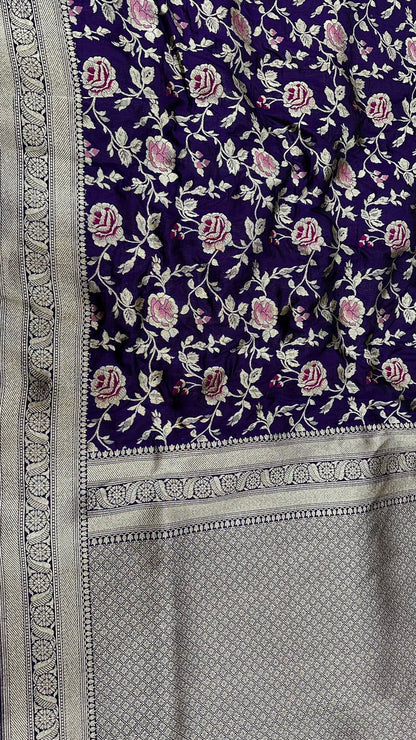 Handloom Pure Katan Silk Jangla design saree...Navy blue color