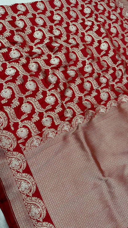 Handloom Pure Katan Silk Jangla design saree...Red color