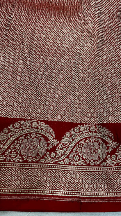 Handloom Pure Katan Silk Jangla design saree...Red color