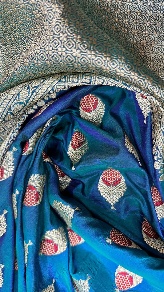 Handloom Pure Banarasi Katan Silk meenedar work saree...Peacock blue color