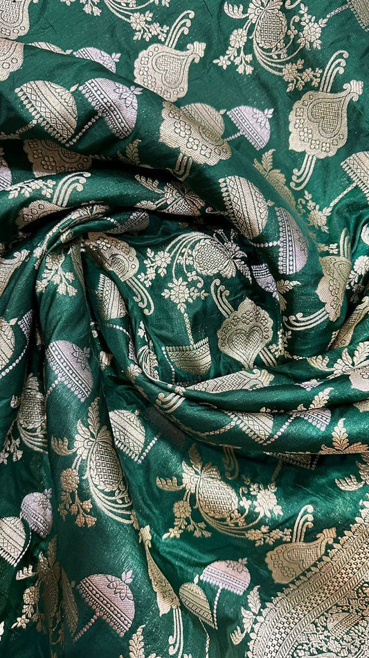 Handloom Pure Banarasi Katan silk jangla saree...Bottle green color