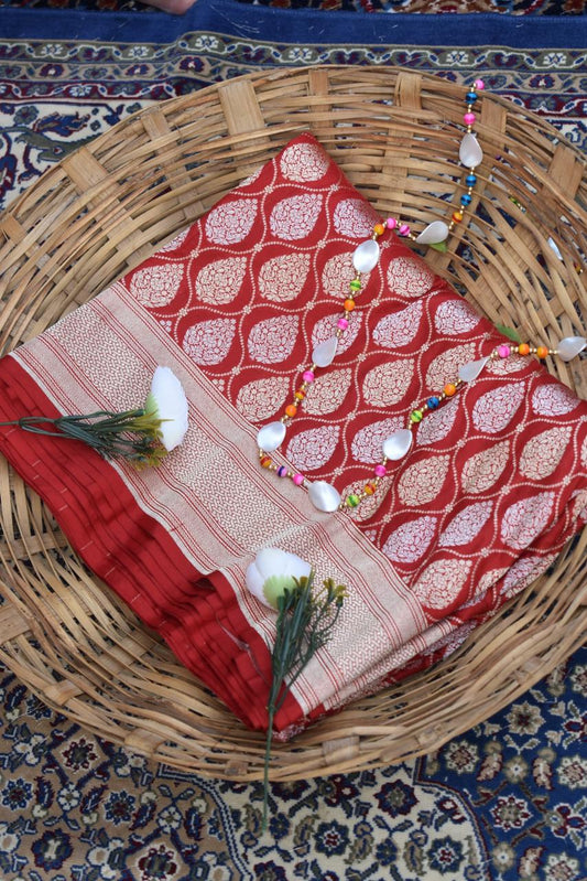 Handloom Pure Banarasi katan silk Alfi Work Saree…Red color