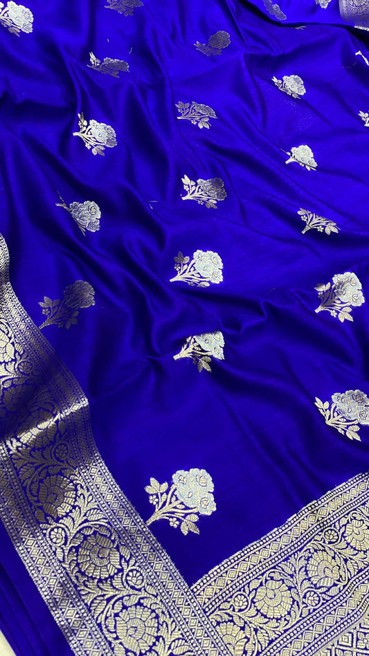 Pure Spun (chiniya) silk flower zari buti work saree...Royal blue color