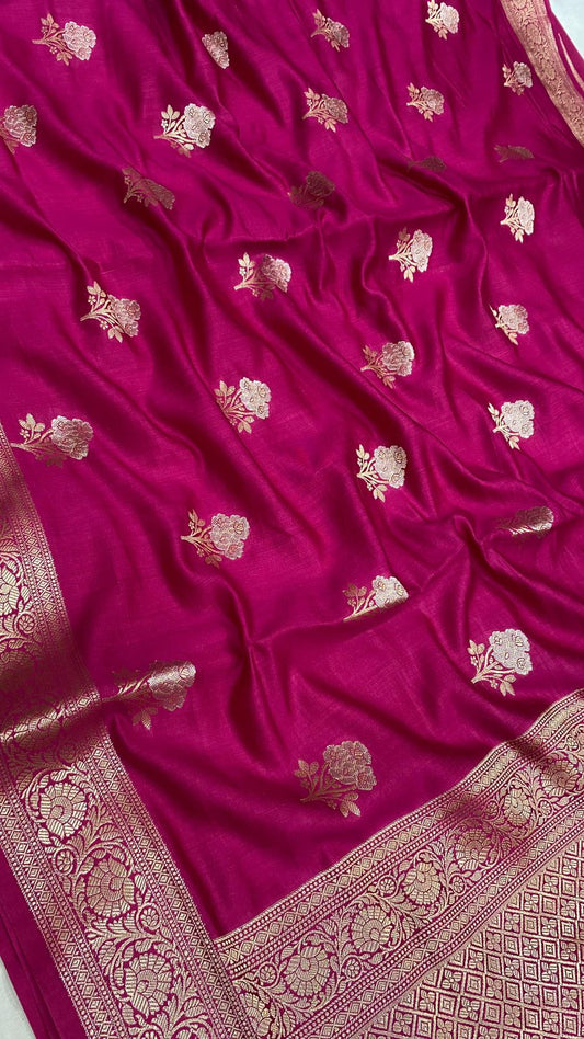 Pure Spun (chiniya) silk flower zari buti work saree…Rani color