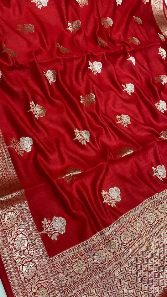 Pure Spun (chiniya) silk flower zari buti work saree…Red color