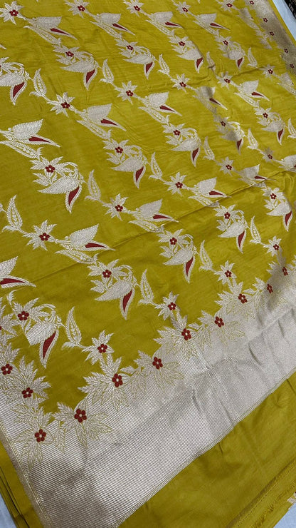 Handloom Pure Banarasi Katan Silk suit set 3 pcs...Mustard color