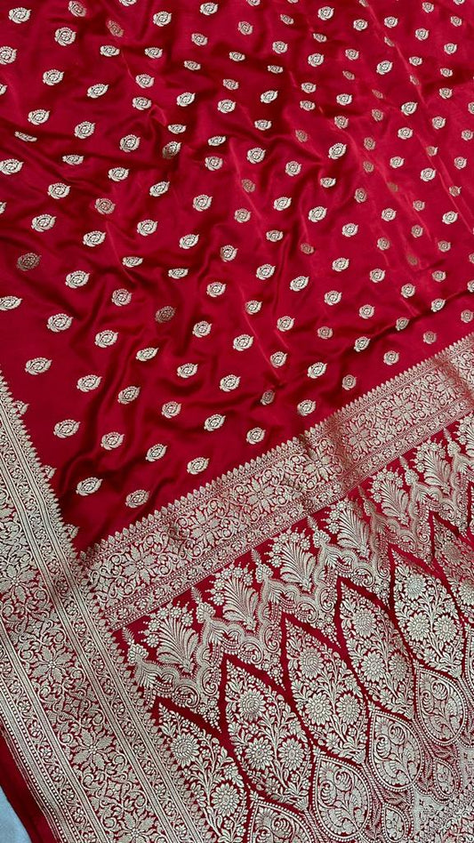 Handloom pure banarasi mashru silk zari buti with gold zari border work saree…red color