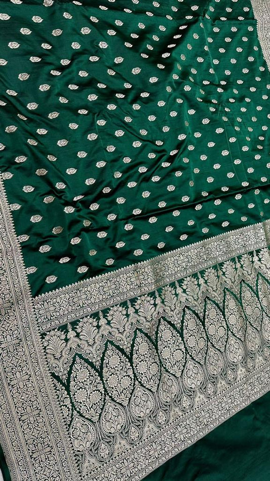 Handloom pure banarasi mashru silk zari buti with gold zari border work saree…bottle green color