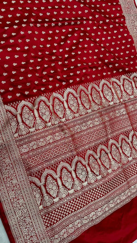 Handloom pure banarasi mashru silk zari buti with gold zari border work saree…red color