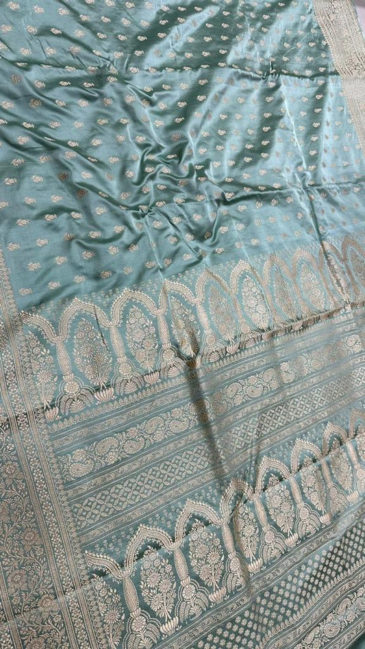 Handloom pure mashru silk zari buti with gold zari border work saree…Sky blue color