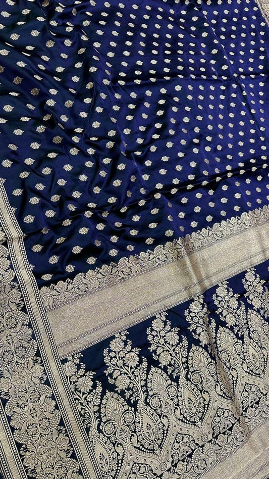 Handloom pure mashru silk zari buti with gold zari border work saree…Navy blue color