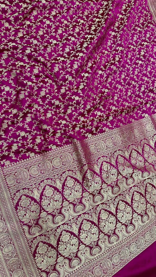 Handloom pure mashru silk zari jaal with gold zari border work saree…Rani color