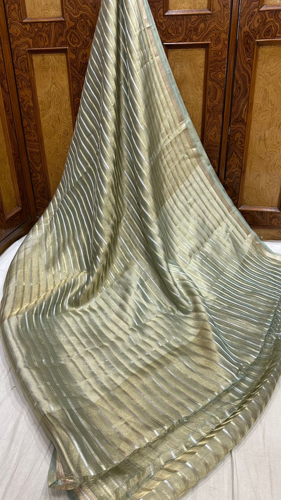 Saree Pure Tissue Silk Silver and Gold Zari lines...Pastel green color