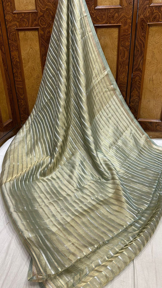 Saree Pure Tissue Silk Silver and Gold Zari lines...Pastel green color