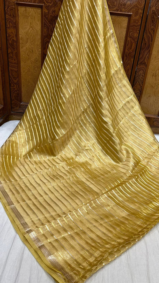 Saree Pure Tissue Silk Silver and Gold Zari lines...Pastel gold color