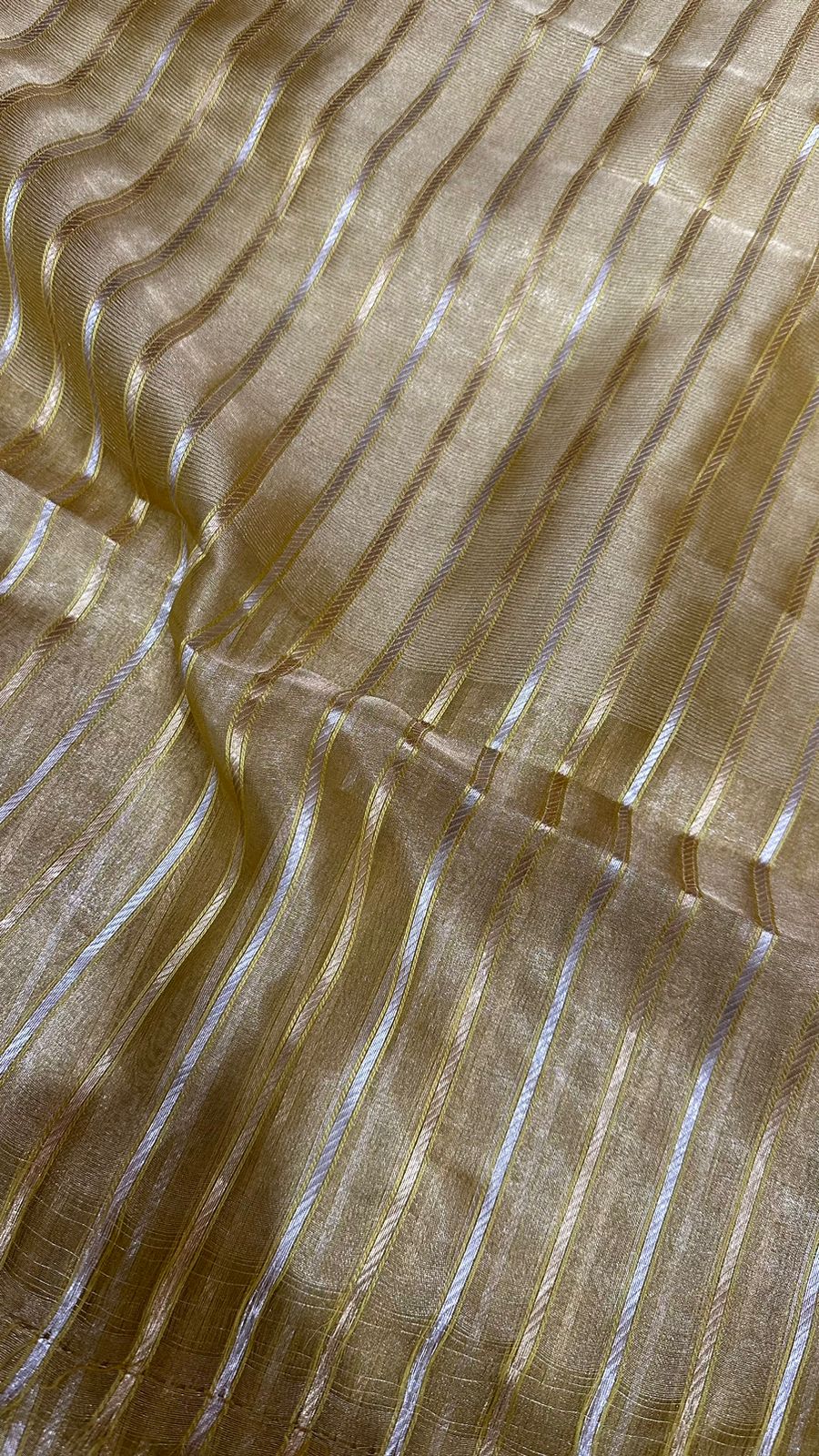 Saree Pure Tissue Silk Silver and Gold Zari lines...Pastel gold color