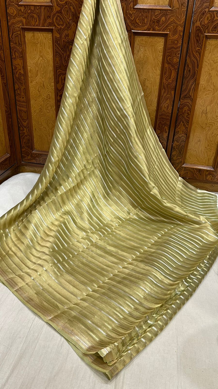 Saree Pure Tissue Silk Silver and Gold Zari lines...Pastel green color