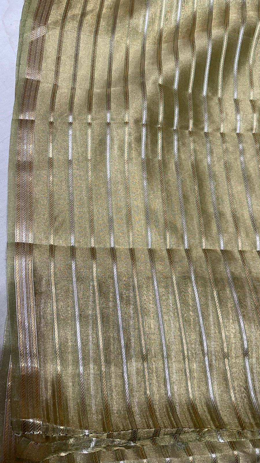 Saree Pure Tissue Silk Silver and Gold Zari lines...Pastel green color