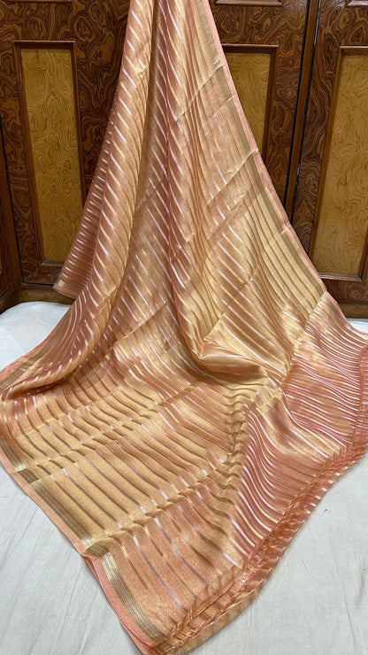 Saree Pure Tissue Silk Silver and Gold Zari lines...Pastel pitch color