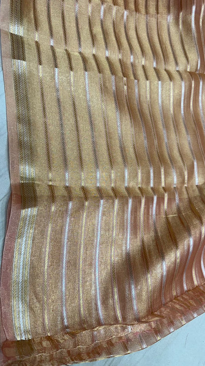 Saree Pure Tissue Silk Silver and Gold Zari lines...Pastel pitch color