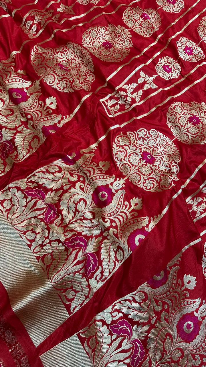 Handloom Pure banarasi katan silk minedar lehenga…red color