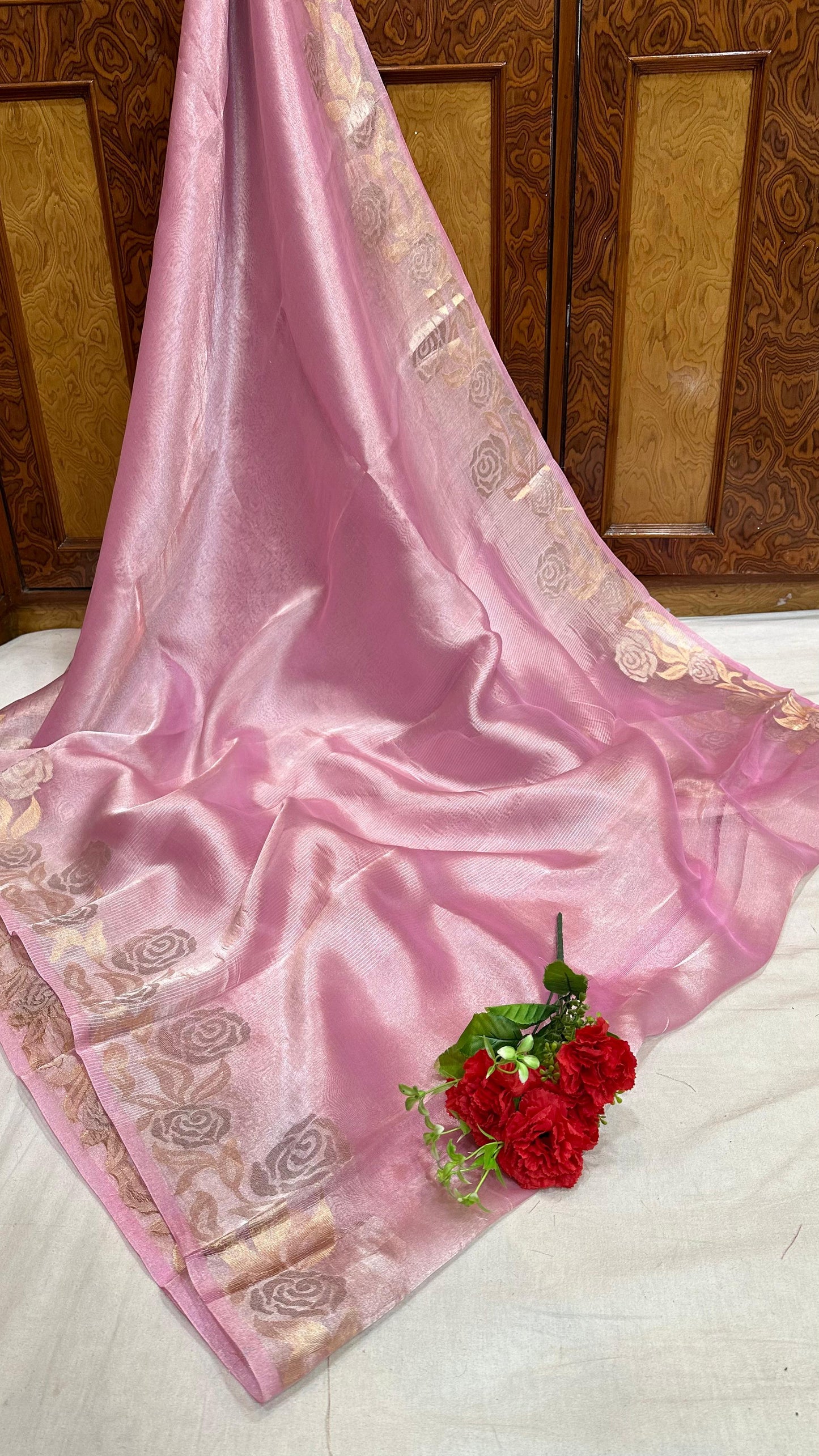 Pure soft tissue silk plain saree gold and silver zari flower border work…Baby pink color