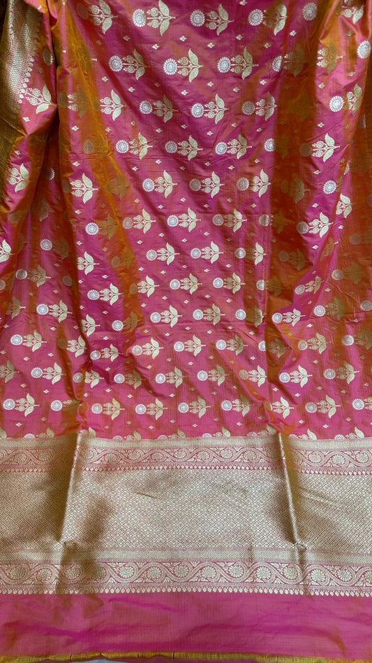 Handloom Pure Banarasi Katan Silk mina work Dupatta…Dual tone color Orange by pink Shade