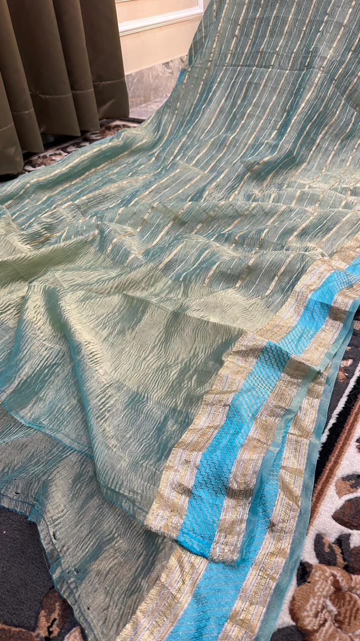 Banarasi Pure Crushed Tissue Silk Satin Border Saree...Sky blue color