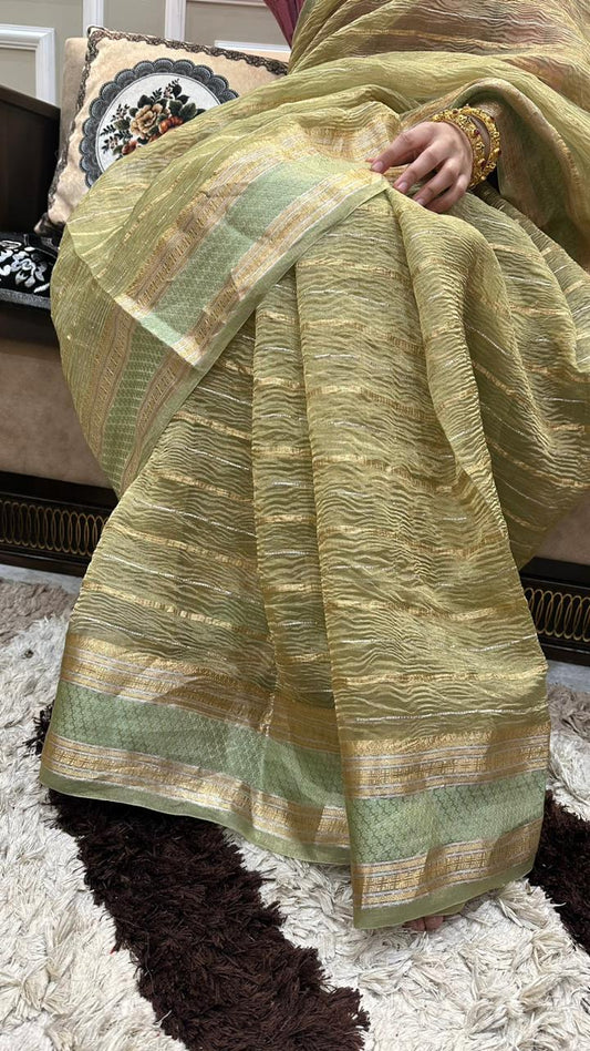 Banarasi Pure Crushed Tissue Silk Satin Border Saree...Pastel green color